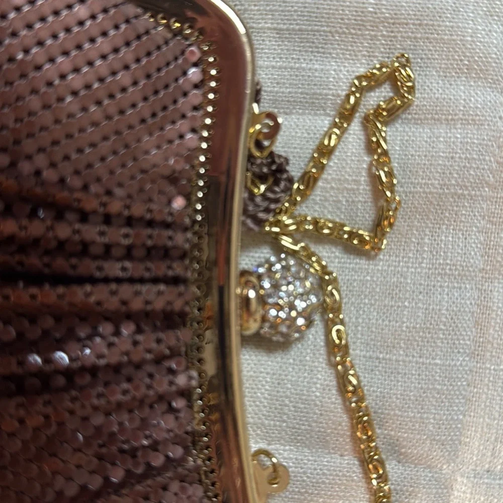 Kate Landry Copper Metal Mesh Evening Clutch Bag Rhinestone Orb Kiss Lock Gold